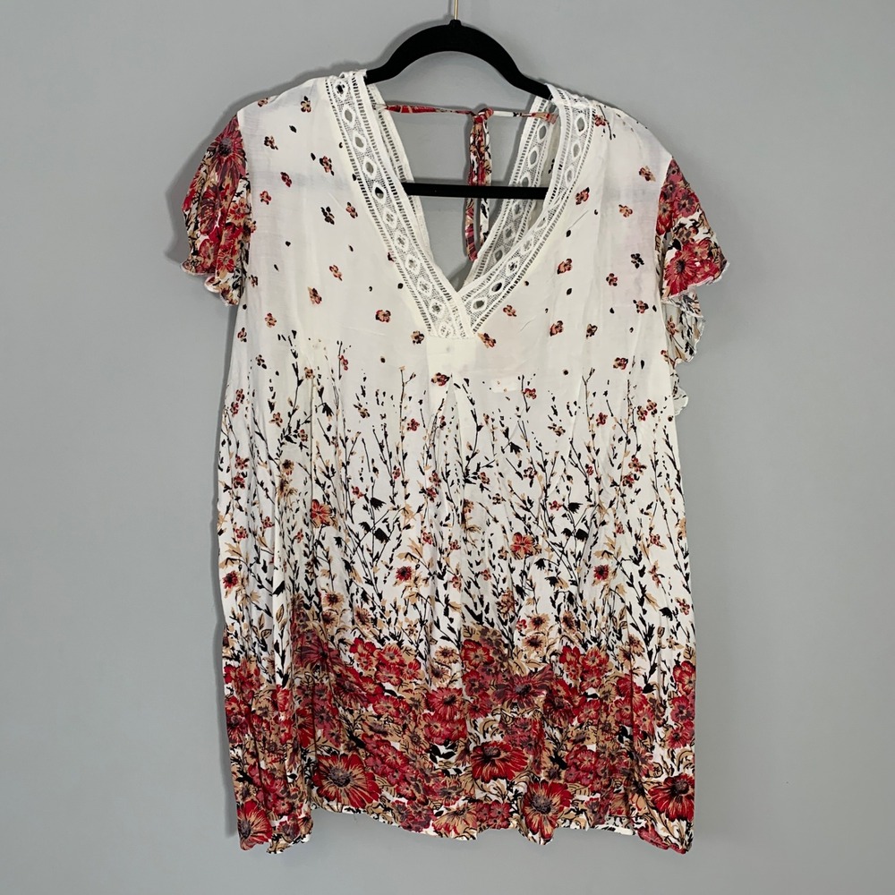 NEW Suzanne Betro 4X Cream Red Floral Crochet Lace Flutter Sleeve Blouse Top